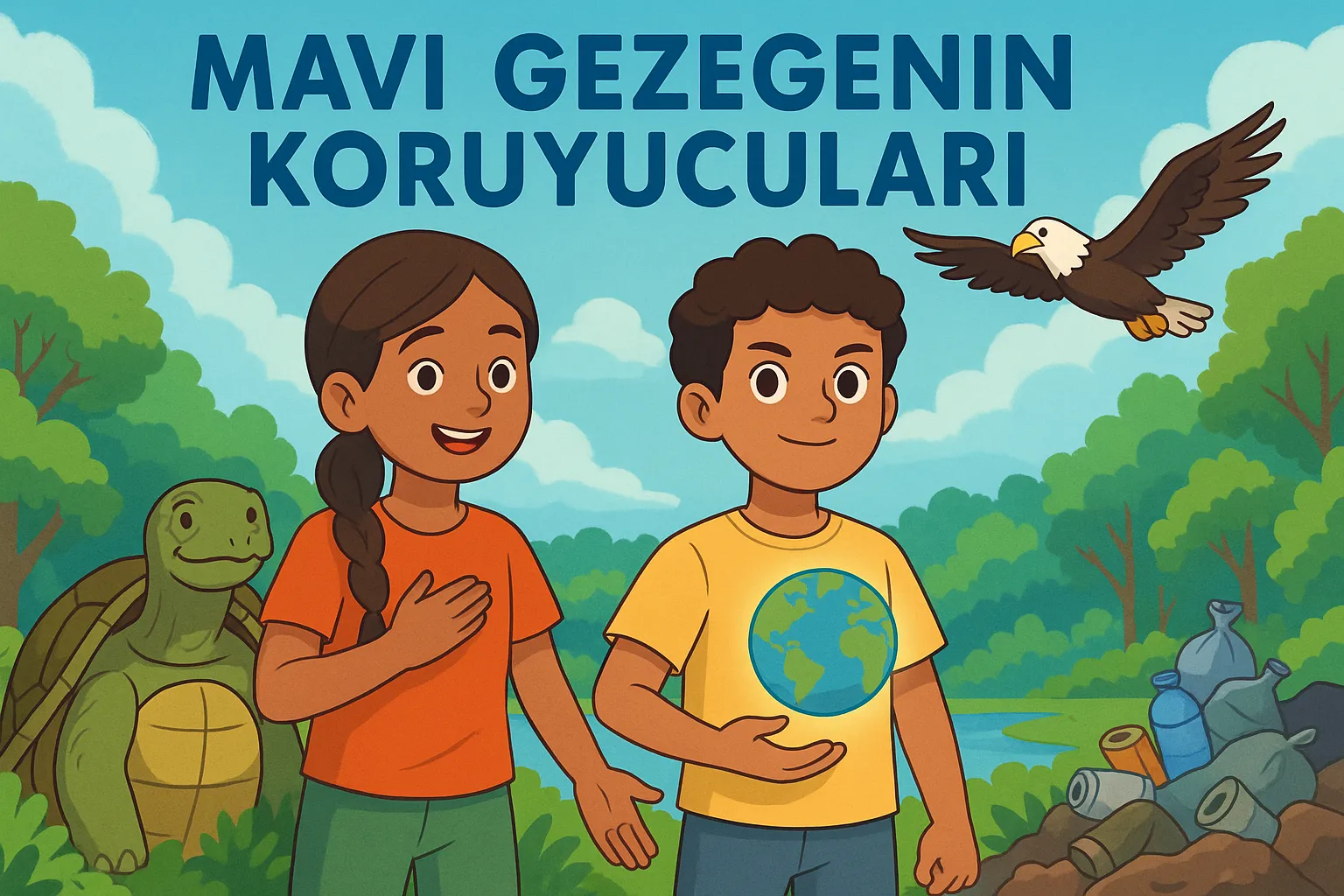 Lina ve Arda'nın doğayı korumak için Mavi Gezegen’deki görevlerini anlatan, eğitici çocuk masalına ait dijital illüstrasyon.