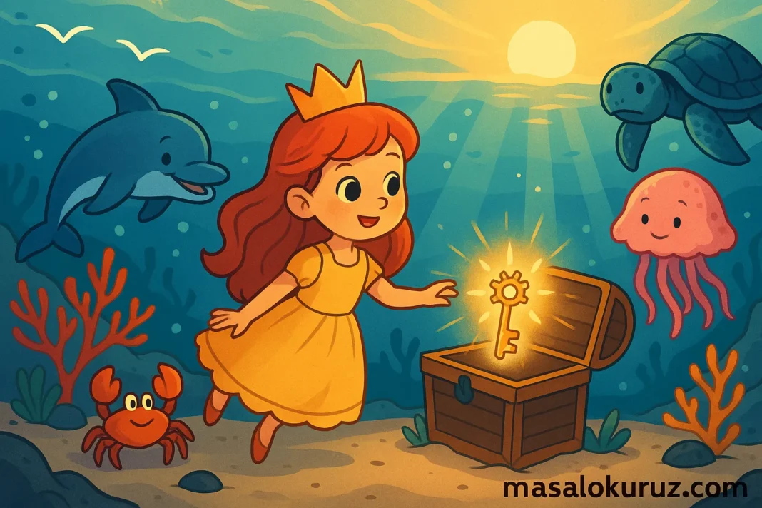 Yaz tatili temalı bir masalda, prenses Lina ve deniz canlıları denizin altında güneş şeklinde parlayan bir anahtar keşfediyor.