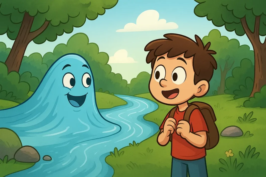 Cesur bir çocuk, ormanda konuşan dereyle karşılaşıyor. Çizgi film tarzında masal illüstrasyonu.