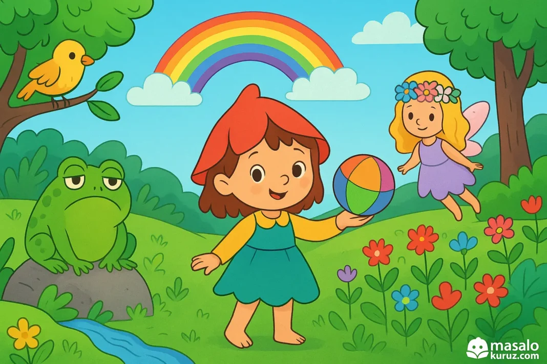 Çizgi film tarzında Parmak Bebek Lale, elinde sihirli renkli topuyla kurbağa, peri ve kuşla birlikte masalsı bir ormanda.