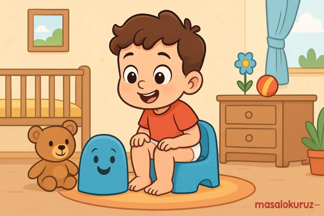 Minik Fuat ve Gülen Lazımlık Tuvalet eğitimi alan Minik Fuat, mavi lazımlığa oturan mutlu çocuk – masalokuruz.com