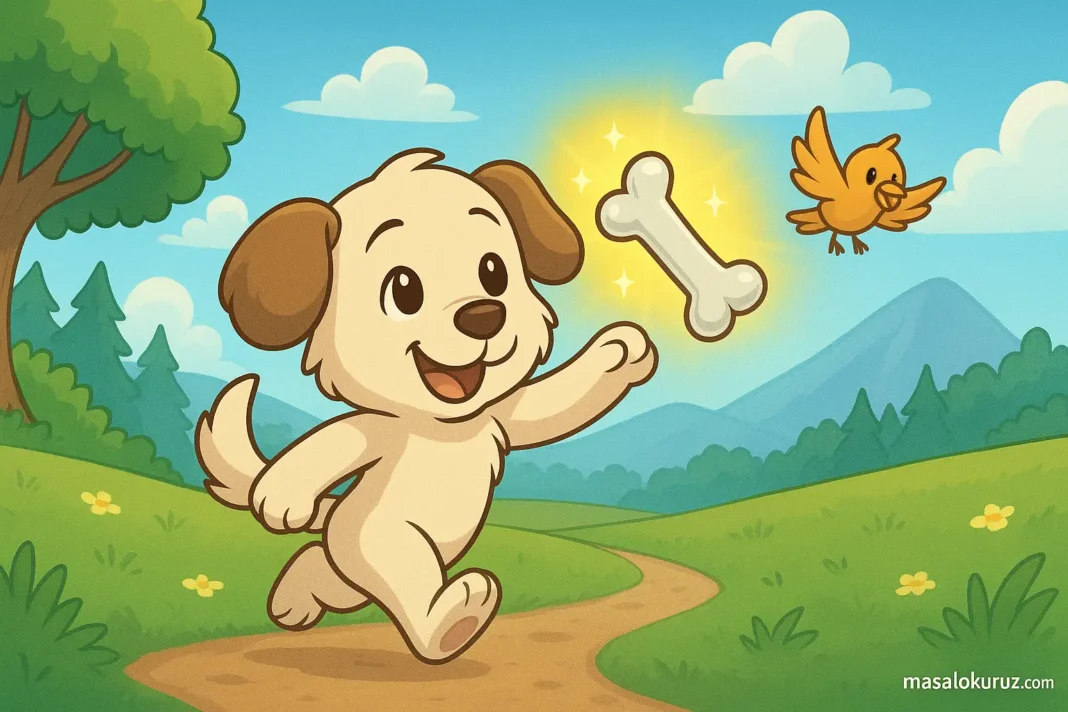 Sevimli köpek Pofuduk’un parlayan kemikle oynadığı, çocuklar için çizgi film tarzında hazırlanmış masal görseli. Masalokuruz.com