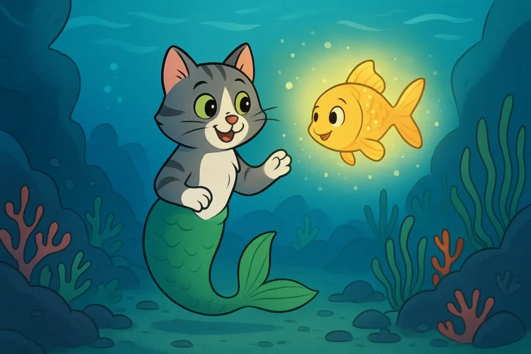 Balıkçı kedi Mırnav ve Parlak Pul’un deniz altında buluştuğu çizgi film tarzı çocuk masalı görseli.