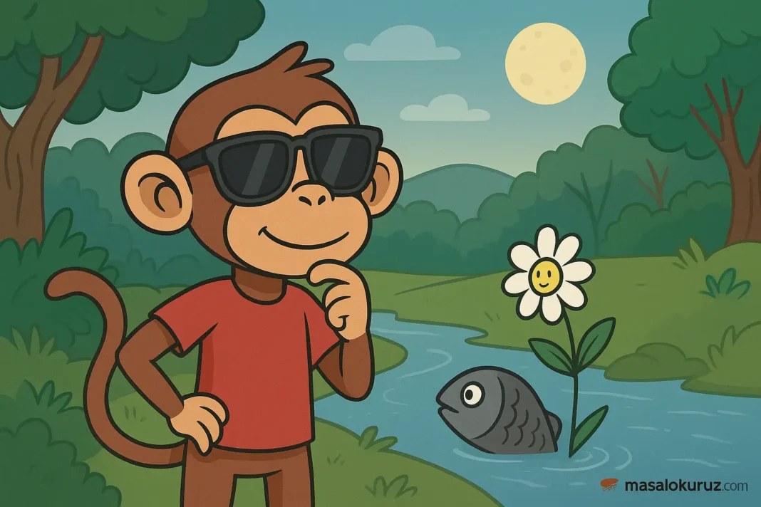 Güneş gözlüklü maymun Coco, ormanda çiçek ve gri balıkla birlikte masalsı bir akşam manzarasında.