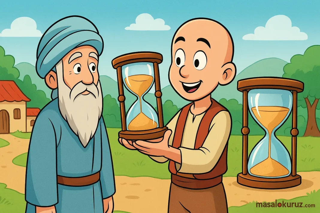 Keloğlan ve dervişin sihirli kum saatiyle zamanı doğru kullanmayı öğrendiği eğitici masal görseli.