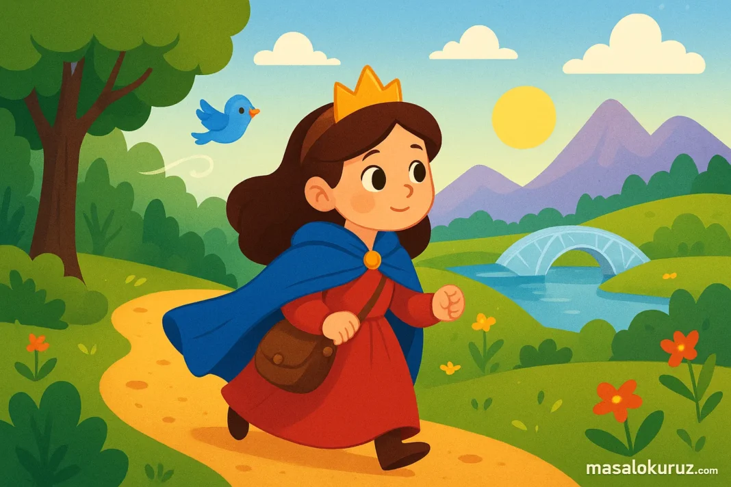 Mavi pelerinli küçük prensesin yolculuğunu anlatan çizgi film tarzı masal illüstrasyonu.