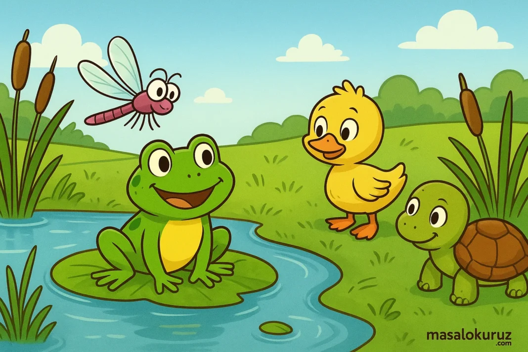 Kurbağa Zıpzıp, yusufçuk, ördek yavrusu ve kaplumbağa göl kenarında arkadaşlık kuruyor.