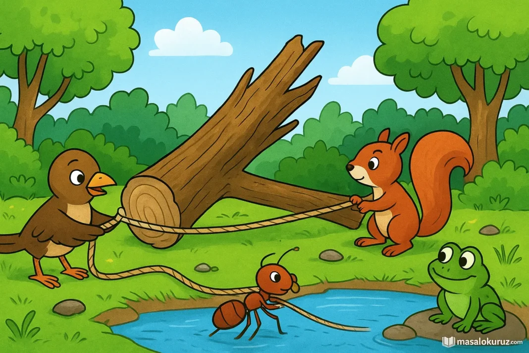 Serçe, sincap, karınca ve kurbağanın birlikte çalışarak dev ağacı kaldırdığı çocuk masalı çizim görseli