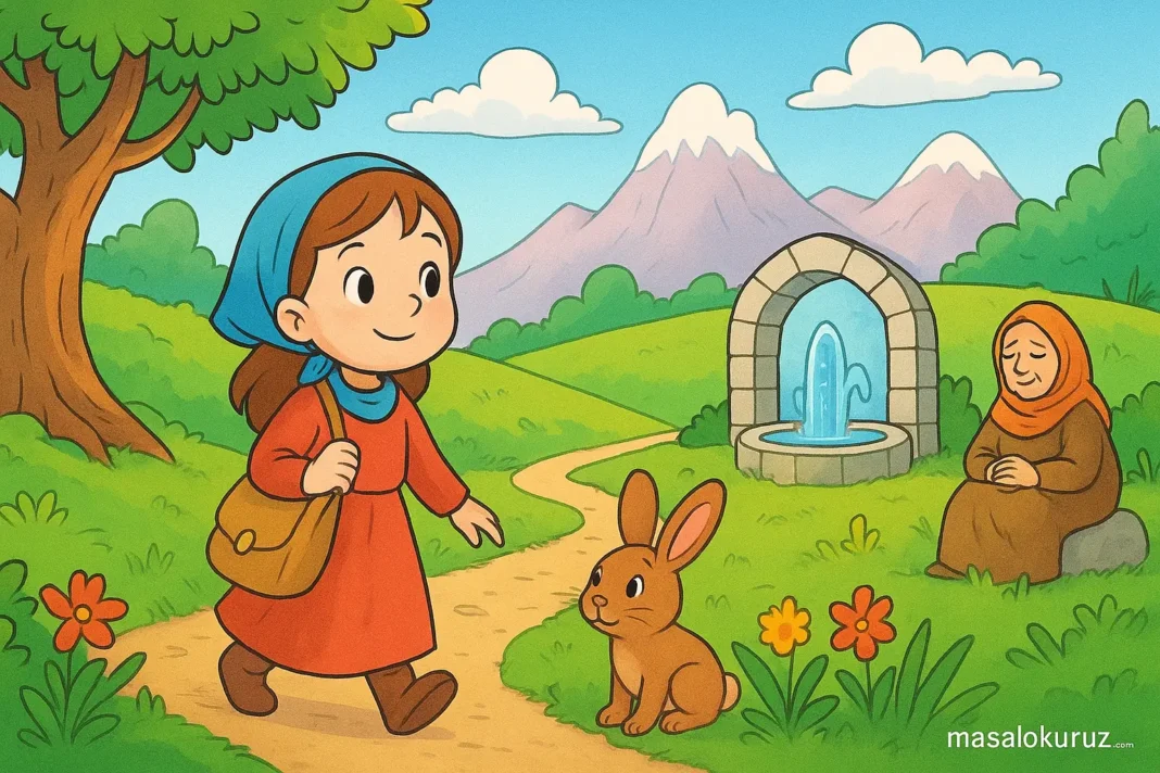 masal_gorsel Küçük bir kızın mutluluğu aradığı masal yolculuğunda tavşan, yaşlı kadın ve Sevgi Pınarı ile karşılaştığı çizgi film tarzı masal görseli.