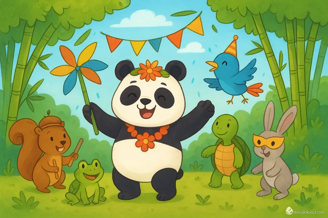 Çizgi film tarzında Panda Püskül ve ormandaki dostlarının eğlenceli bambu karnavalı kutlaması – çocuk masalı illüstrasyonu.