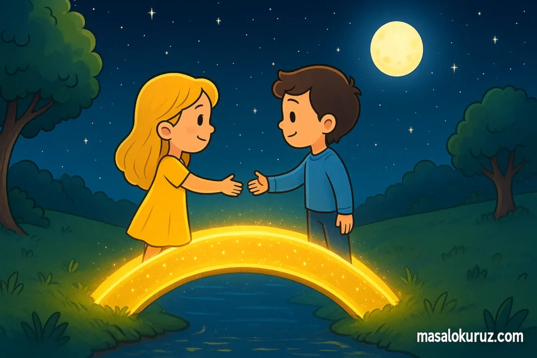 Elara ve Lior, ışıl ışıl parlayan sihirli köprüde el ele buluşuyor. Çocuklar, dostluk ve sevginin gücüyle iki köyü birleştiriyor.