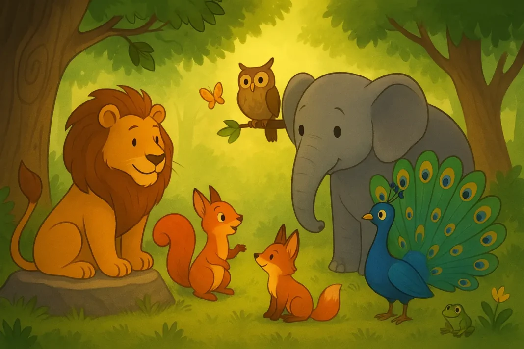 Hayvanlar_Kralligi_Sir Hayvanlar Krallığındaki Sır masalından sahne: ormanda aslan, sincap, fil, tavus kuşu ve baykuşun bir arada olduğu çizgi film tarzı dostluk temalı illüstrasyon.
