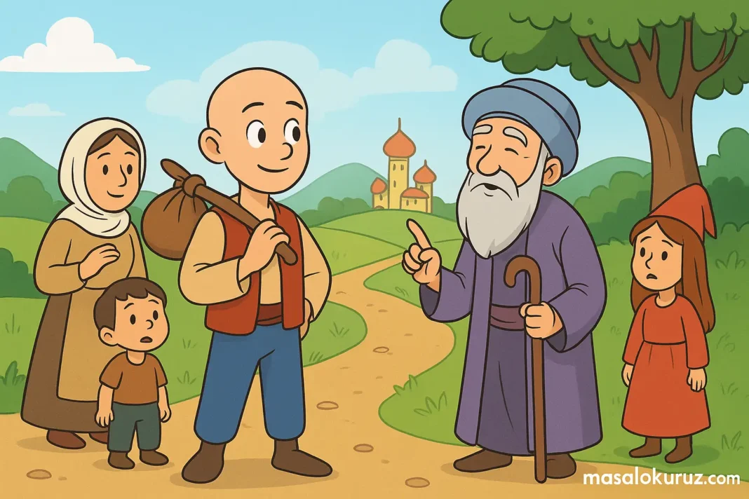 Keloğlan, bilge dervişle konuşurken yanında annesi, küçük bir çocuk ve genç bir kızın bulunduğu renkli masal sahnesi – Keloğlan’ın Kayıp Dileği çizgi film tarzı görseli.