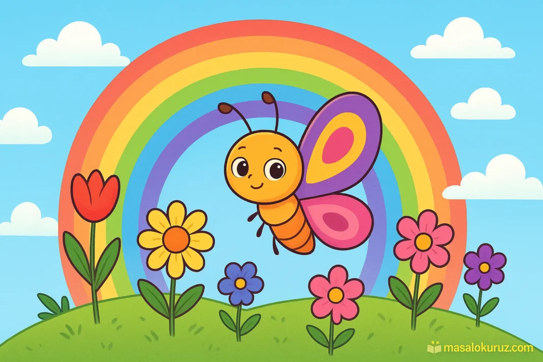 Pirpır_Kelebek_ve_Renkli_Cicekler Renkli kanatlarıyla gökkuşağı tepesinde uçan Pırpır Kelebek, etrafında kırmızı, sarı, mavi ve pembe çiçeklerle mutlu bir şekilde dans ediyor.