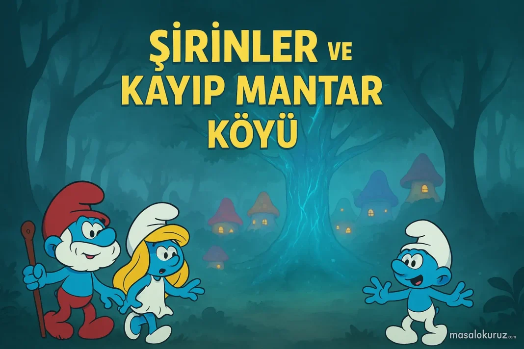 Sirinler_Kayip_Mantar_Koyu Şirinler sisli ormanda kayıp mantar köyünü keşfederken, parlayan ağaçlar ve renkli mantar evlerle çevrili büyülü sahne – Şirinler masalı illüstrasyonu.