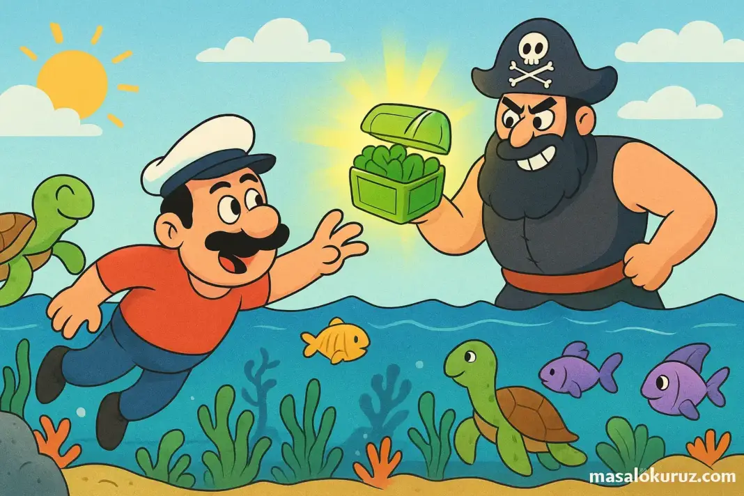 Temel Reis ve Kaba Sakal, deniz altında sihirli ıspanak kutusunu ararken karşı karşıya geliyor. Renkli balıklar, kaplumbağalar ve deniz bitkileriyle dolu çizgi film tarzı sahne.