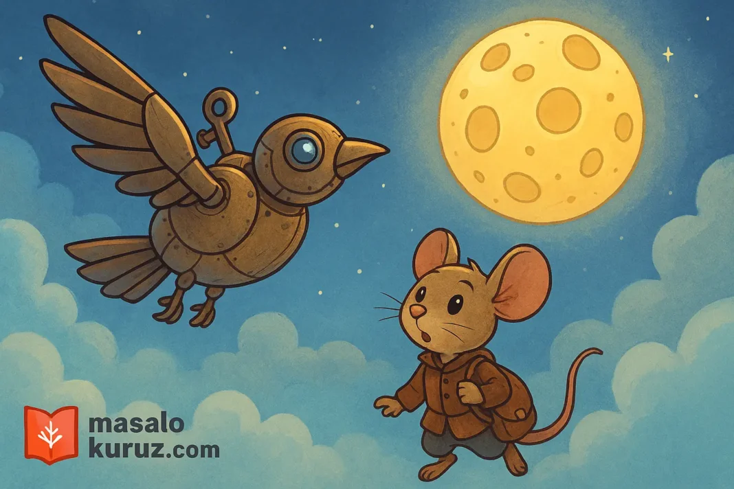 Tom_ve_Gokyuzu_Peyniri Mekanik kuş Zeek ile gökyüzüne bakan fare Tom, parlak peynir şeklindeki Ay’a doğru bakarken çizgi film tarzında resmedilmiş çocuk masalı sahnesi.