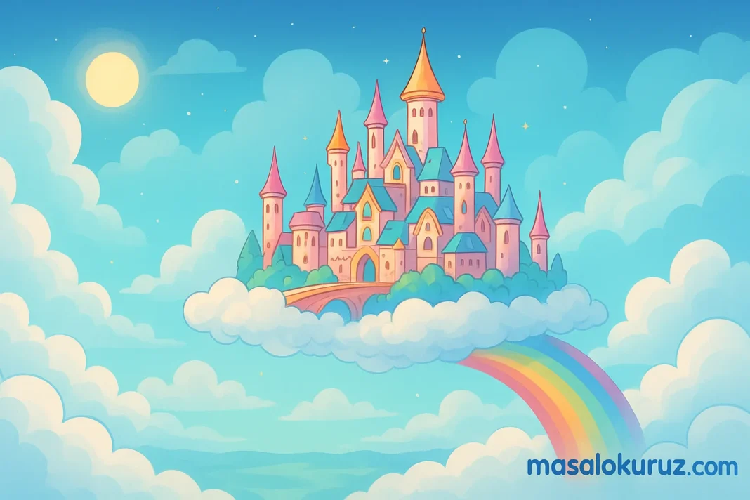 bulutlarin_ustundeki_sehir Bulutların üzerinde yüzen renkli masal şehri, gökyüzünde gökkuşağıyla çevrili büyüleyici çizgi film tarzı illüstrasyon – masalokuruz.com