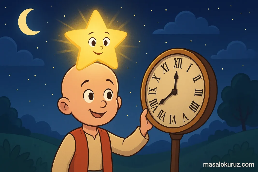 keloglan_arasinda Keloğlan, başında parlayan yıldızla gece vakti duran bir saati çalıştırırken gülümsüyor. Gökyüzünde ay ve yıldızlar parlıyor.