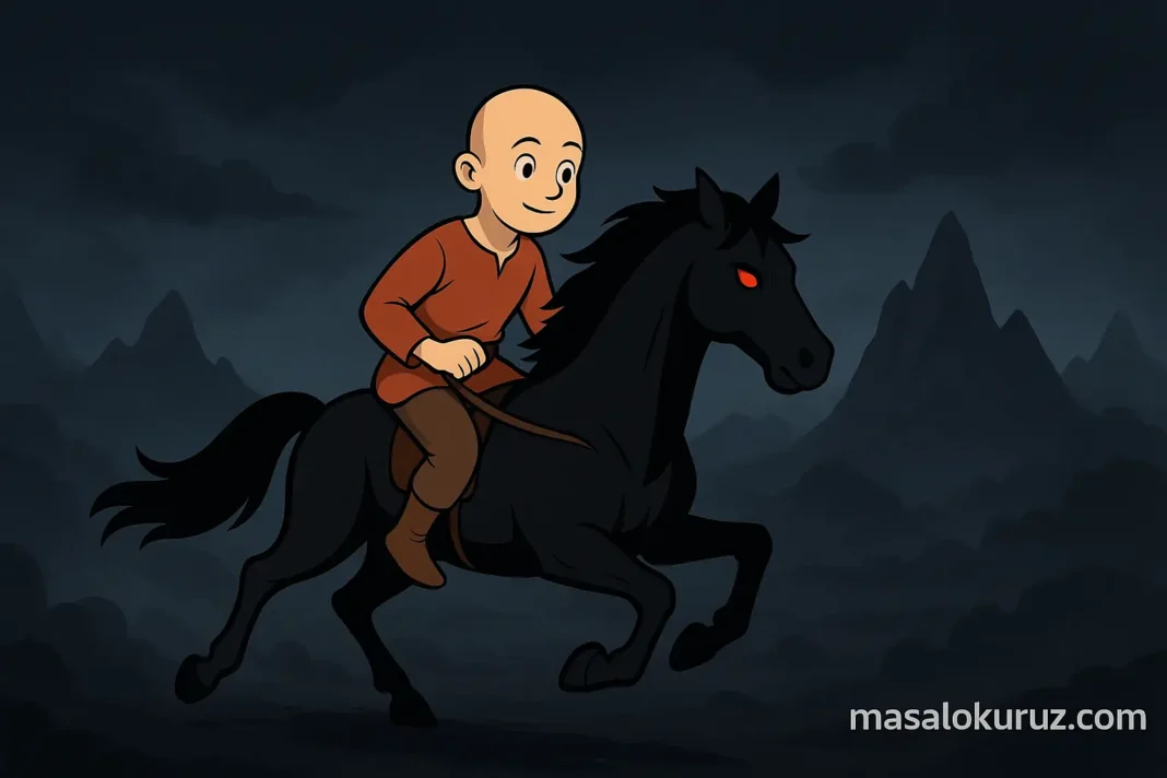 keloglan_golge_diyari Keloğlan, kara atına binip sisli dağlar arasında Gölge Diyarı’na doğru ilerliyor; çizgi film tarzında 2D illüstrasyon.