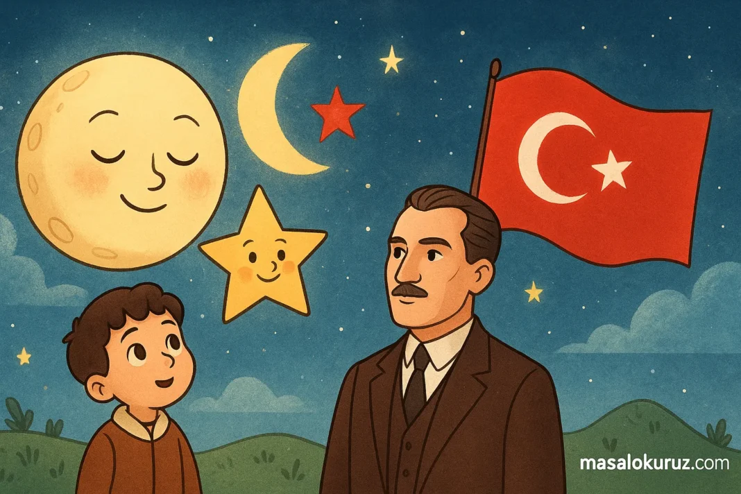Çocuk ve Atatürk yıldızlı gökyüzü altında Türk bayrağına bakıyor, Ay ve Yıldız gülümsüyor – 29 Ekim Cumhuriyet Bayramı masalı illüstrasyonu.