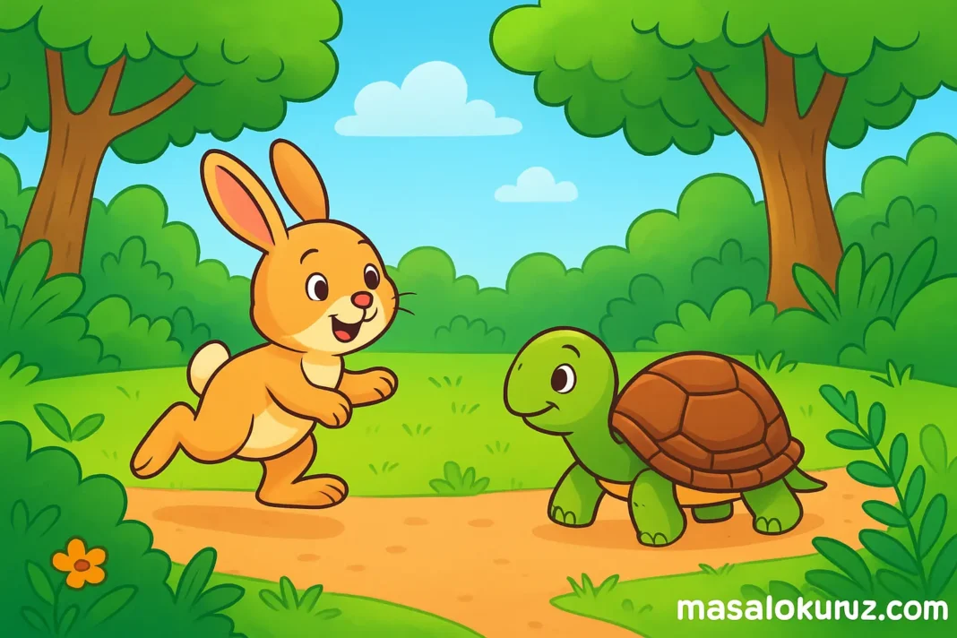 masalokuruz_tospik Canlı renklerle çizilmiş orman sahnesinde minik kaplumbağa Tospik ve tavşan Cino birlikte yürürken gülümsüyor. Çocuk masalı karakterleri, dostluk ve sabır temasını anlatıyor.
