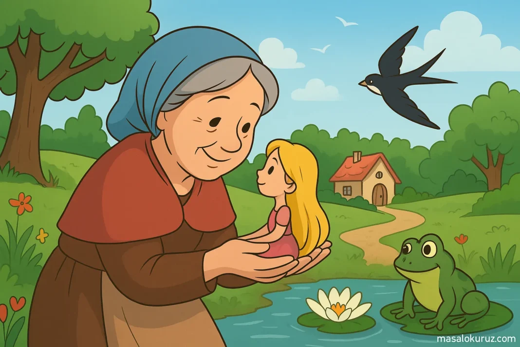 Yaşlı kadın elinde Parmak Kız’ı tutarken, arka planda dere, kurbağa ve kırlangıcın yer aldığı renkli masal sahnesi. Masalokuruz.com özgün çizgi film tarzı illüstrasyon.