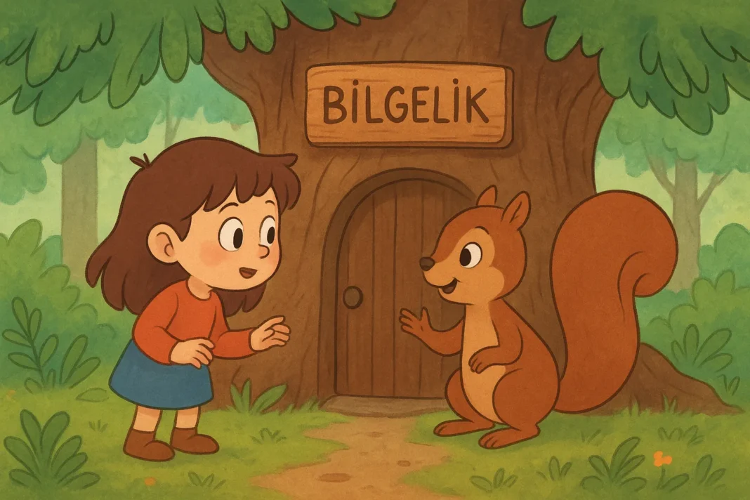 Simge adlı küçük kız ile Bilge Sincap, ormanın derinliklerinde bilgelik ağacının önünde karşılaşıyor. Çizgi film tarzı pastel tonlarda, dostluk ve merak dolu sahne.
