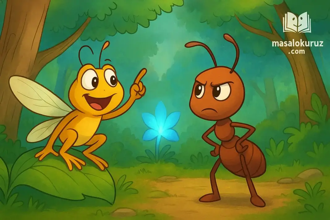 Ağustos Böceği ile Karınca masalının çizgi film tarzı yatay görseli; ormanda konuşan ağustos böceği ve ona bakan karınca, arka planda parlayan masalsı mavi çiçek.