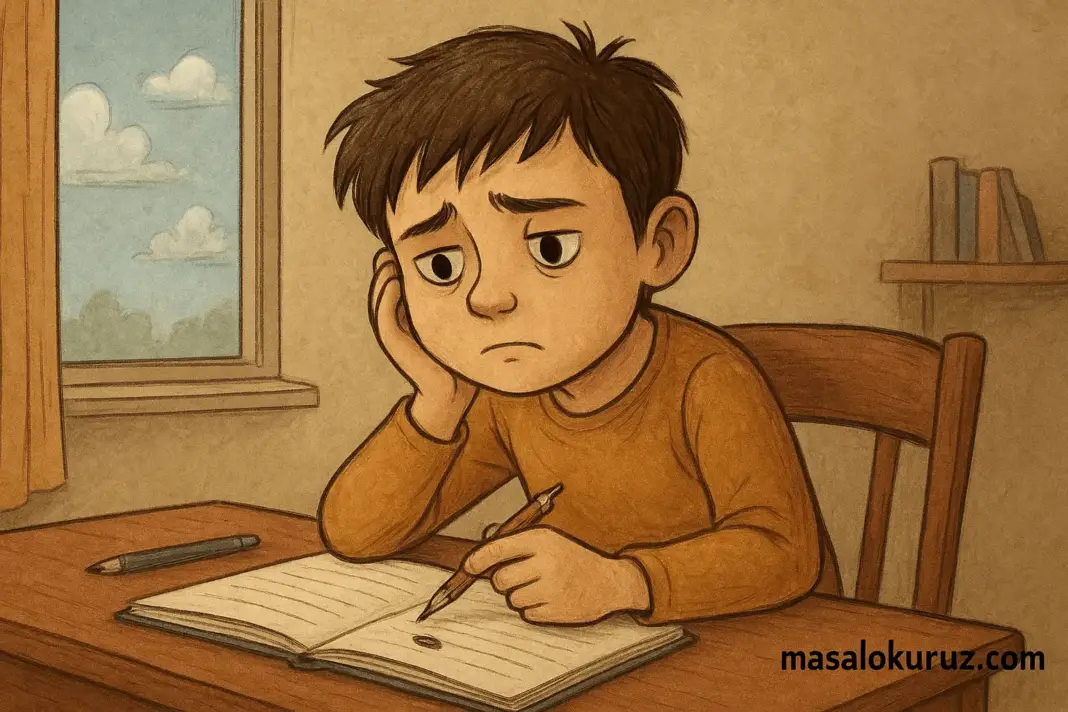 Masada kırık kalemiyle hüzünlü şekilde oturan Arda’nın ilüstrasyonu, çocuk hikâyesi görseli – masalokuruz.com