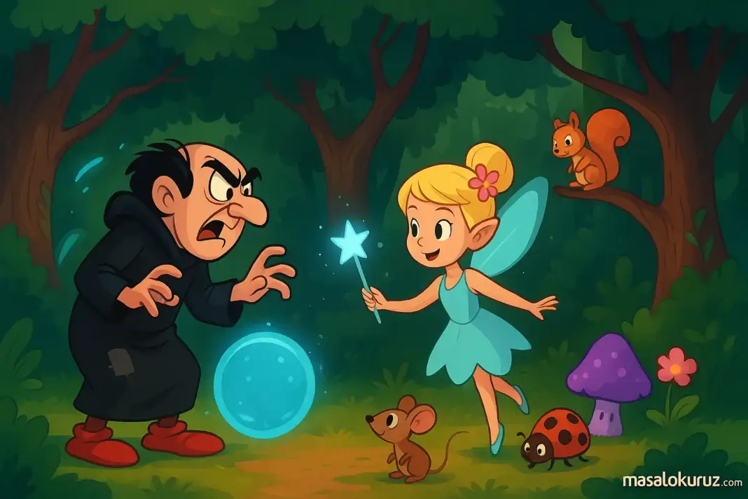 Gargamel ile sihirli ormanda peri Lila’nın karşılaşmasını gösteren çizgi film tarzı renkli illüstrasyon