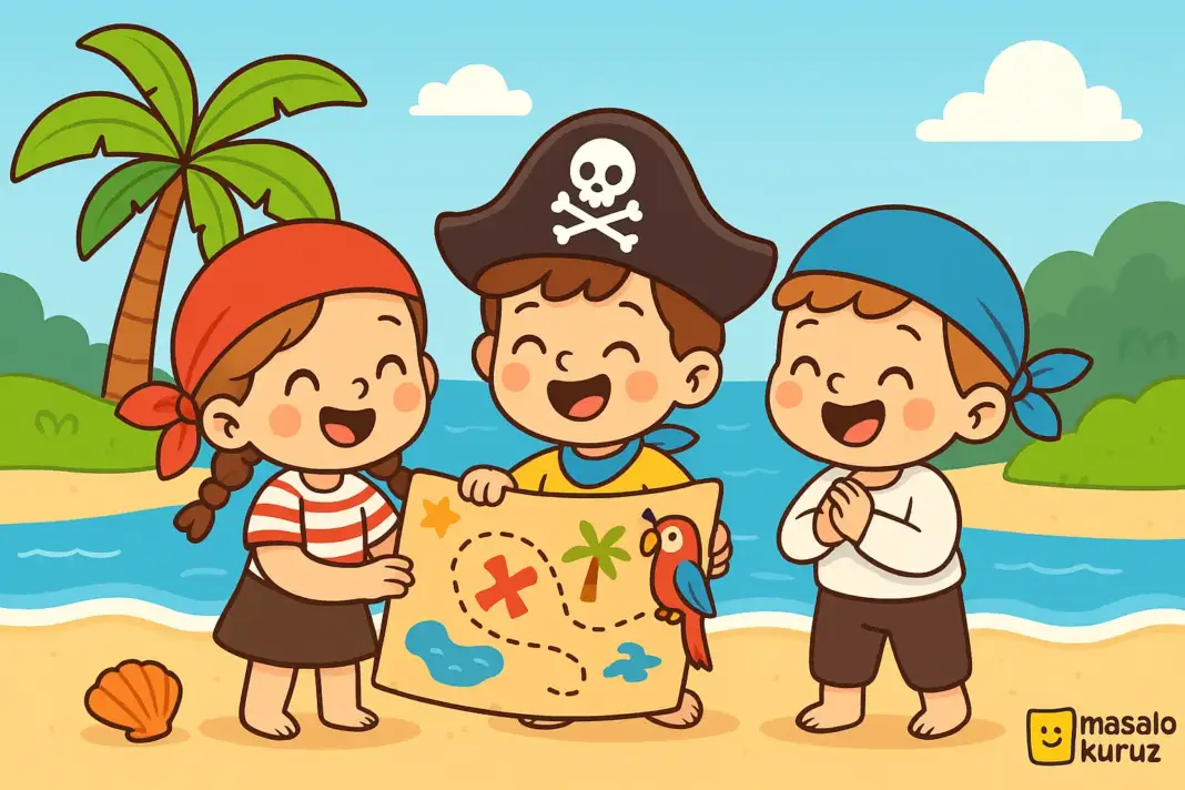 Üç mutlu korsan çocuk, tropik bir adada gizemli bir hazine haritası buluyor – Masalokuruz.com özgün masal görseli.