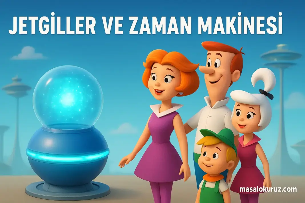 Jetgiller ailesinin zaman makinesiyle birlikte yer aldığı 3D yatay animasyon masal görseli – masalokuruz.com