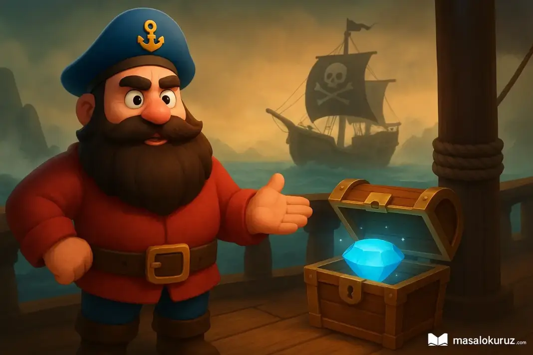 Kabasakal’ın Tuzak Gemisi masalından sahne: Mavi İnci’yi koruyan Kabasakal ve arkada görünen korsan gemisi 3D animasyon çizimi.