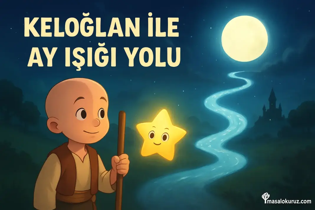 Keloğlan ile Ay Işığı Yolu masalından sahne; Keloğlan’ın yıldızla birlikte ay ışığından oluşan büyülü yolda yürüdüğü 3D animasyon tarzı yatay illüstrasyon, masalokuruz.com logosu ile.