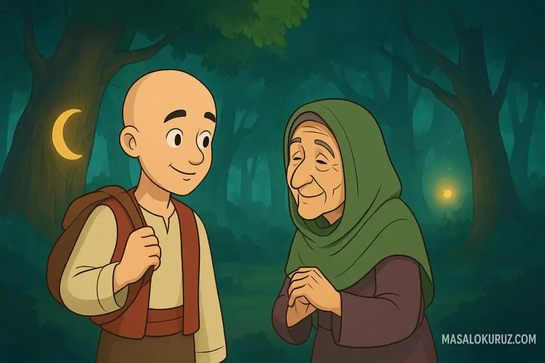 Keloğlan ve Dudu Nine, Sessiz Orman’da konuşurken çizgi film tarzı bir masal sahnesi.