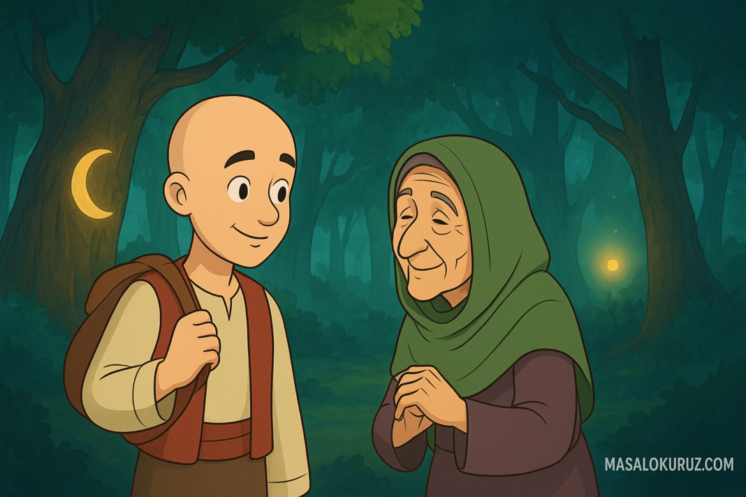 Keloğlan ve Dudu Nine, Sessiz Orman’da konuşurken çizgi film tarzı bir masal sahnesi.