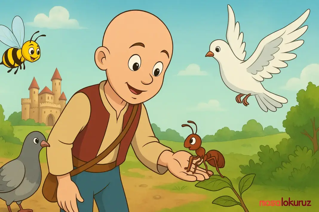 Keloğlan’ın ormanda hayvanları kurtardığı masal sahnesini gösteren çizgi film tarzı yatay illüstrasyon, Masalokuruz.com logosuyla.