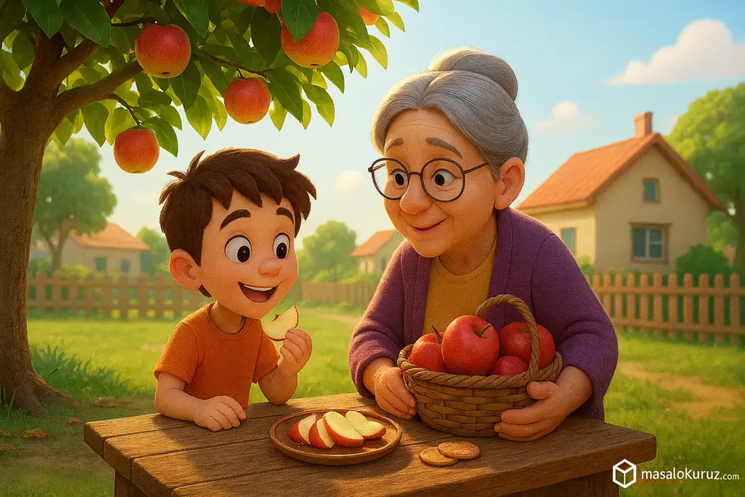 Komşu teyze ve küçük bir çocuğun elma ağacı altında elma paylaşırken gülümseyerek sohbet ettiği 3D animasyon tarzı çocuk hikâyesi sahnesi.