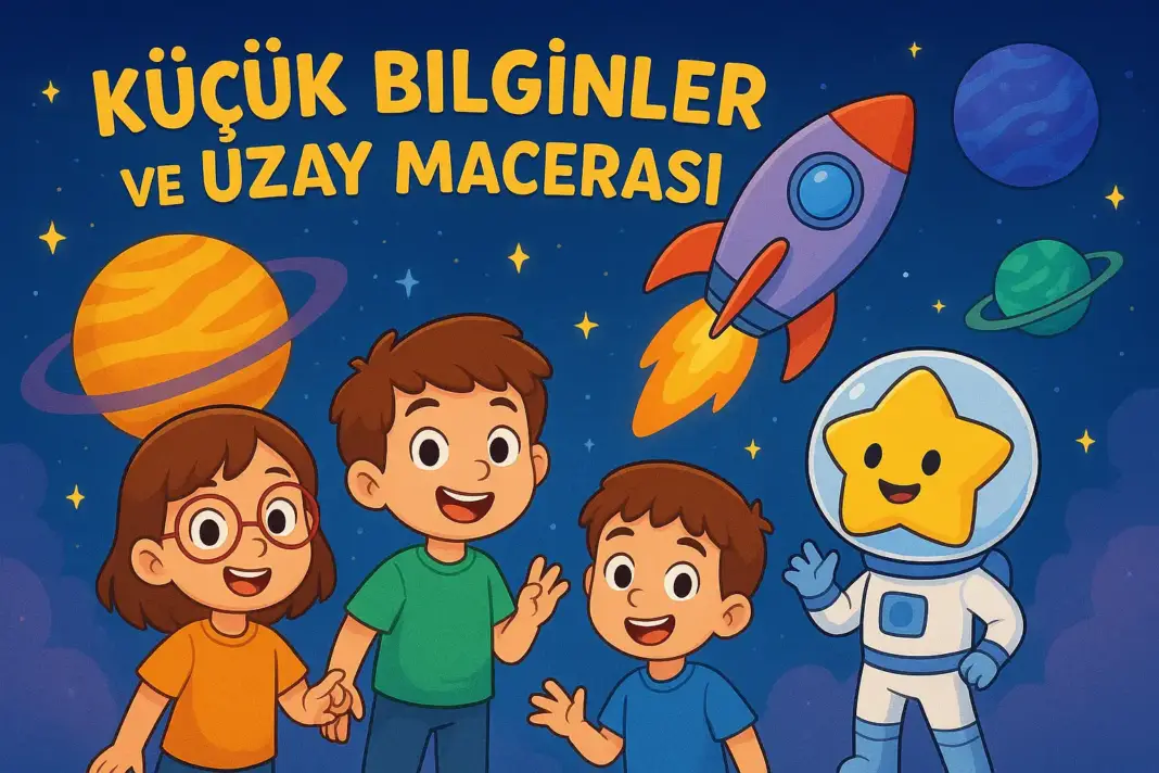 Küçük Bilginler ve Uzay Macerası masalından, astronot yıldız karakteri ve üç çocuğun uzayda renkli gezegenlerle birlikte yer aldığı çizgi film tarzı görsel.
