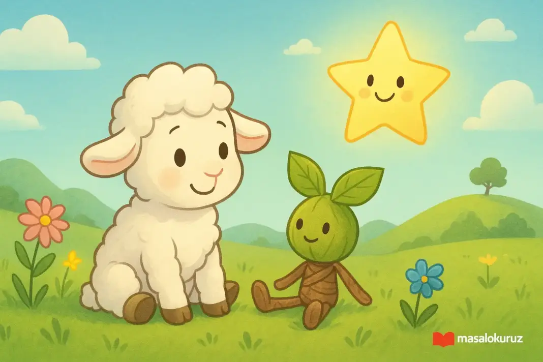 Minik kuzu Pamuk, çayırlarda el yapımı oyuncak arkadaşı Yaprakçık ile oynarken, gökyüzünde gülümseyen yıldız onlara bakıyor. Masalokuruz.com çocuk masalı görseli.