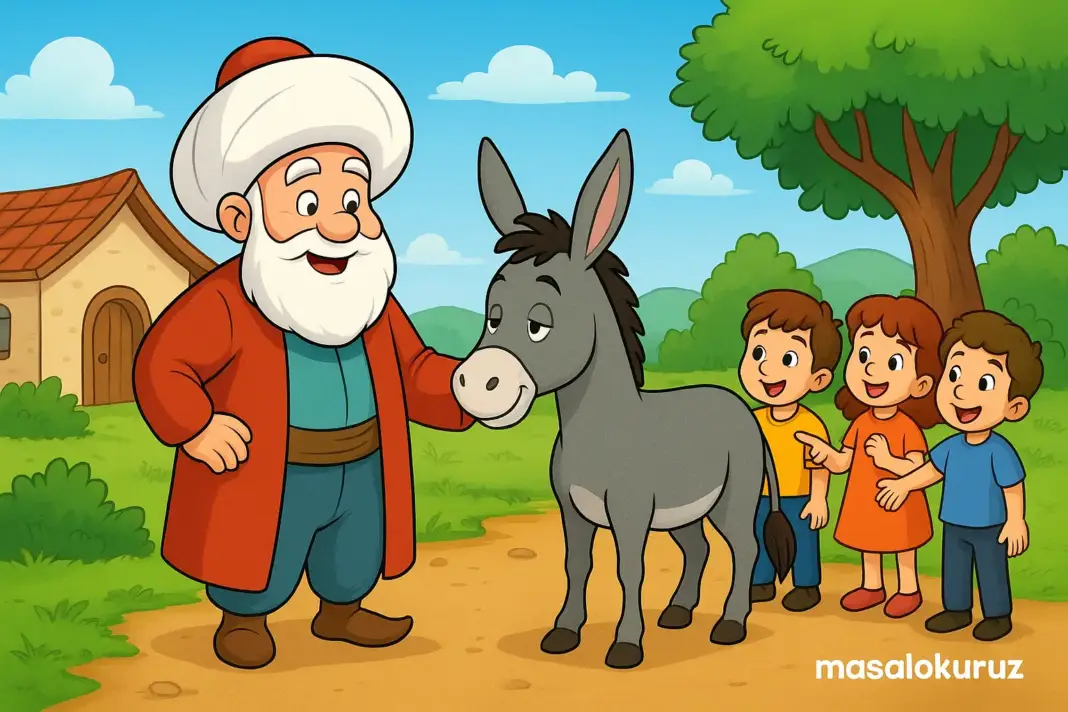 Nasrettin Hoca’nın çocuklarla birlikte eşeğini bulduğu çizgi tarzı renkli sahne