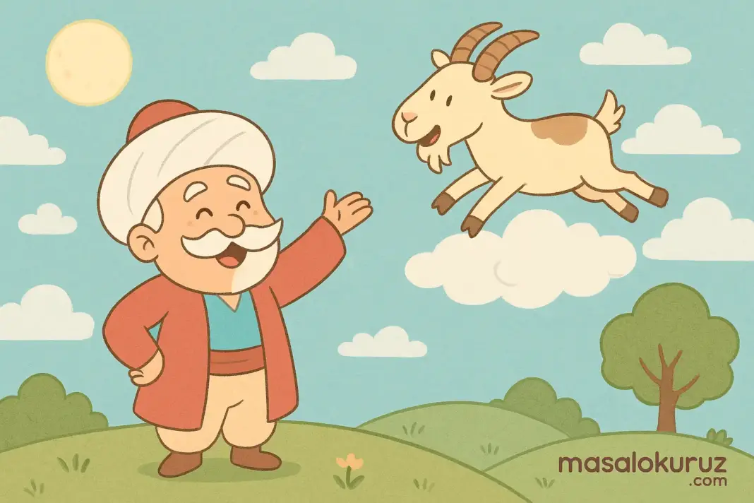 Pastel tonlarda çizilmiş Nasrettin Hoca ve uçan keçi, bulutların üzerinde neşeli şekilde görünen çizgi film tarzı masal görseli.