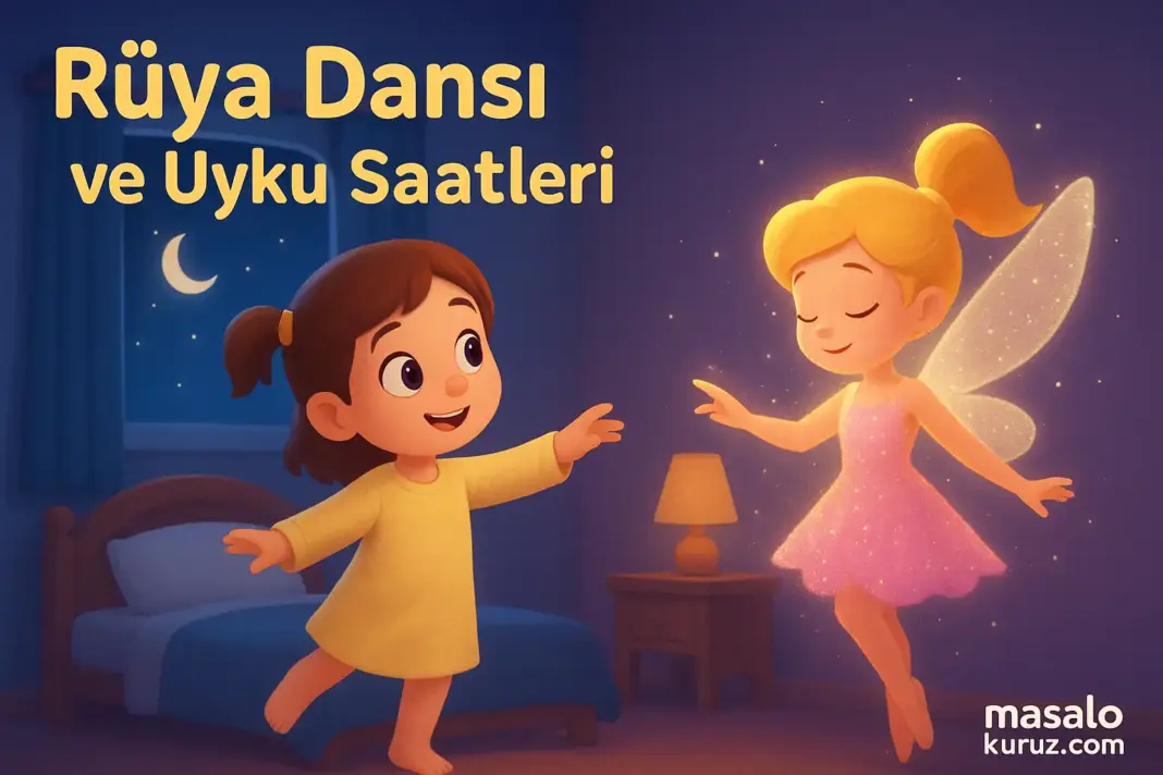 Lila ve Rüya Perisi Parıltı’nın uyku öncesi rüya dansını gösteren 3D animasyon sahnesi.