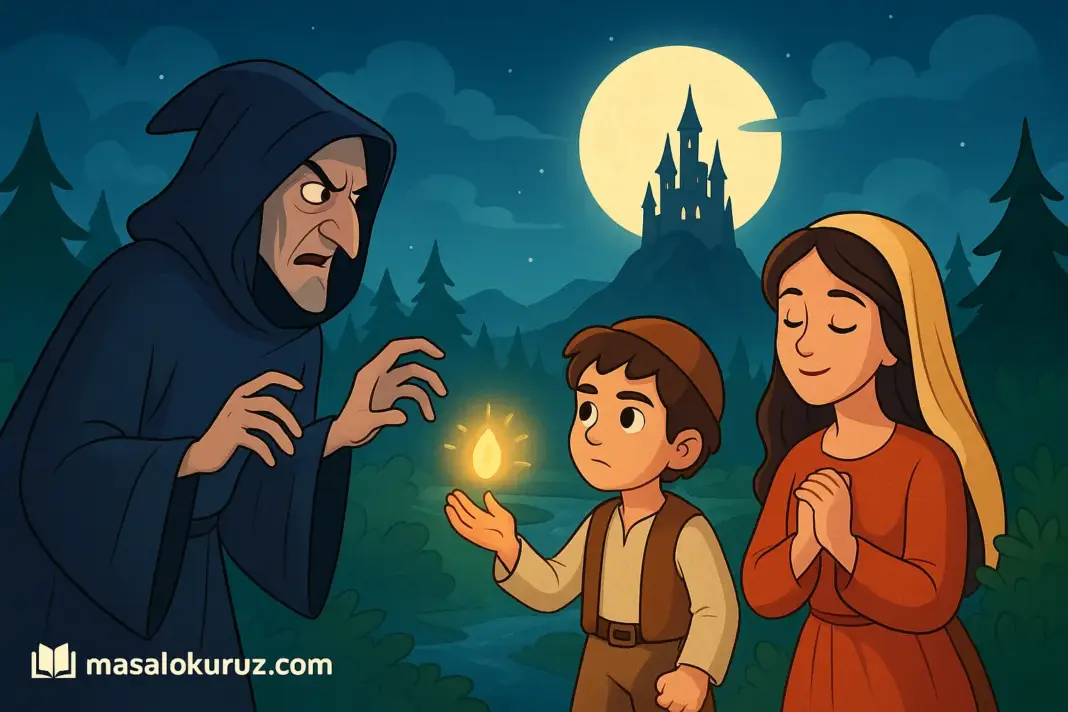 Safinaz ve küçük çoban Emir, karanlık büyücü Azuron’a karşı ışık tohumu ile Ayışığı Vadisi’ni kurtarıyor. Masalsı gece sahnesi, çizgi film tarzında.