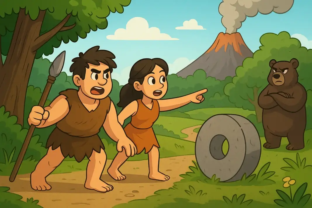 Taş devrinde yaşayan üç kahramanın kayıp taş tekerleği ararken ayı ile karşılaşması – çizgi film sahnesi