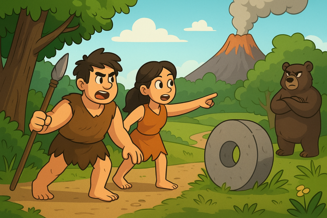 Taş devrinde yaşayan üç kahramanın kayıp taş tekerleği ararken ayı ile karşılaşması – çizgi film sahnesi