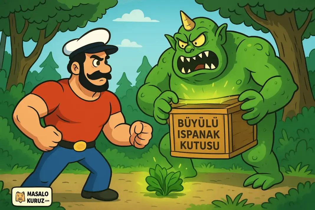 Ormanda Temel Reis’in büyülü ıspanak kutusunu koruyan yeşil yaratıkla karşılaştığı çizgi film tarzı renkli illüstrasyon.