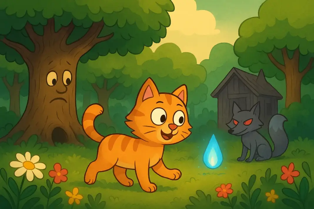 Kırık kuyruğa sahip sevimli kedi Tom’un ormanda Işık Tohumu ve Sis Tilkisi ile karşılaştığı animasyon tarzı illüstrasyon.