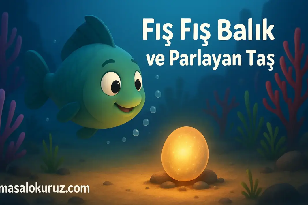 Fış Fış Balık’ın deniz altında parlayan taşla karşılaştığı 3D animasyon sahnesi, çocuk masalı illüstrasyonu.